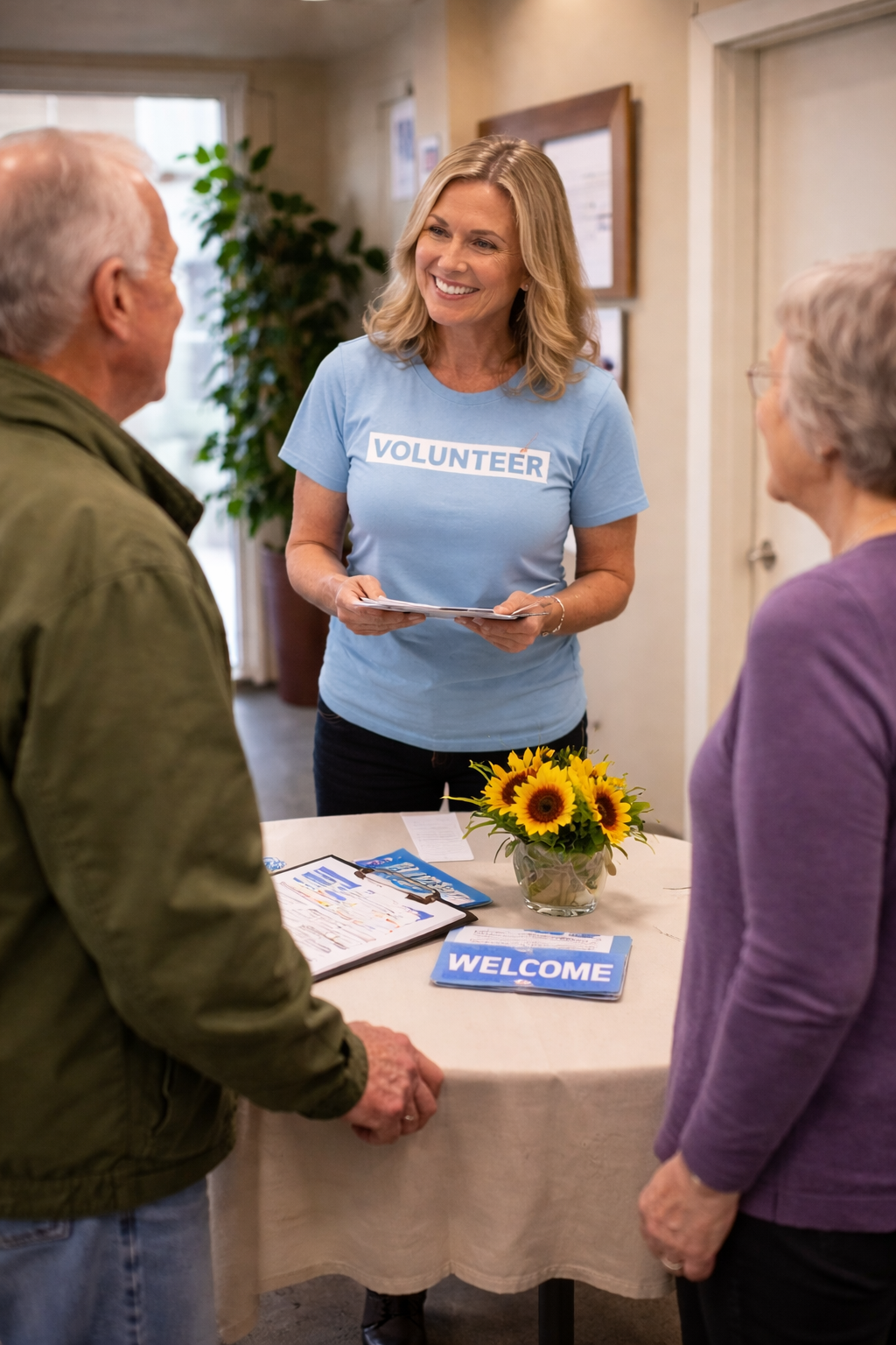 Volunteer welcoming guests at a community event