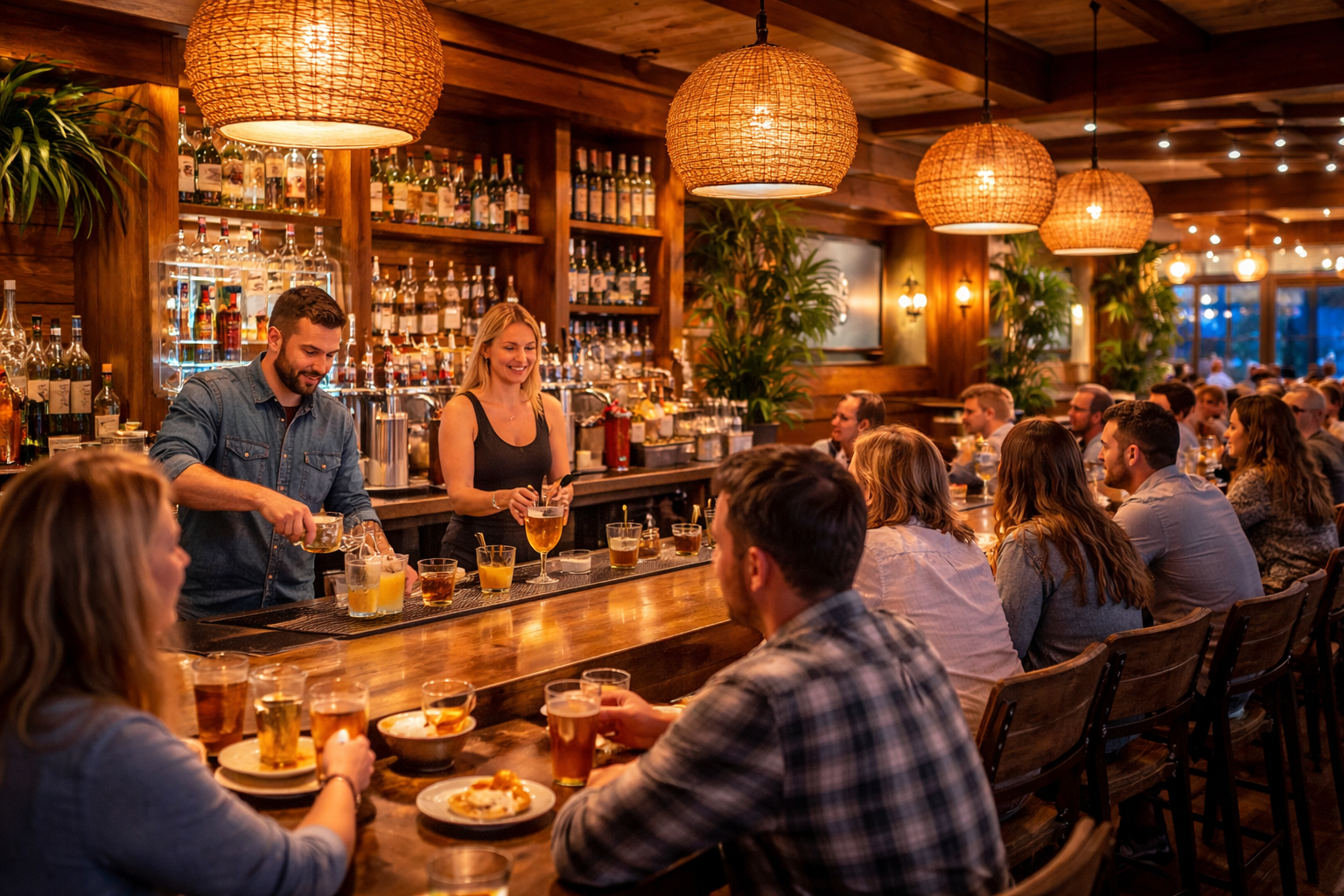 Warm and welcoming interior seating area inside Driftwood Tavern