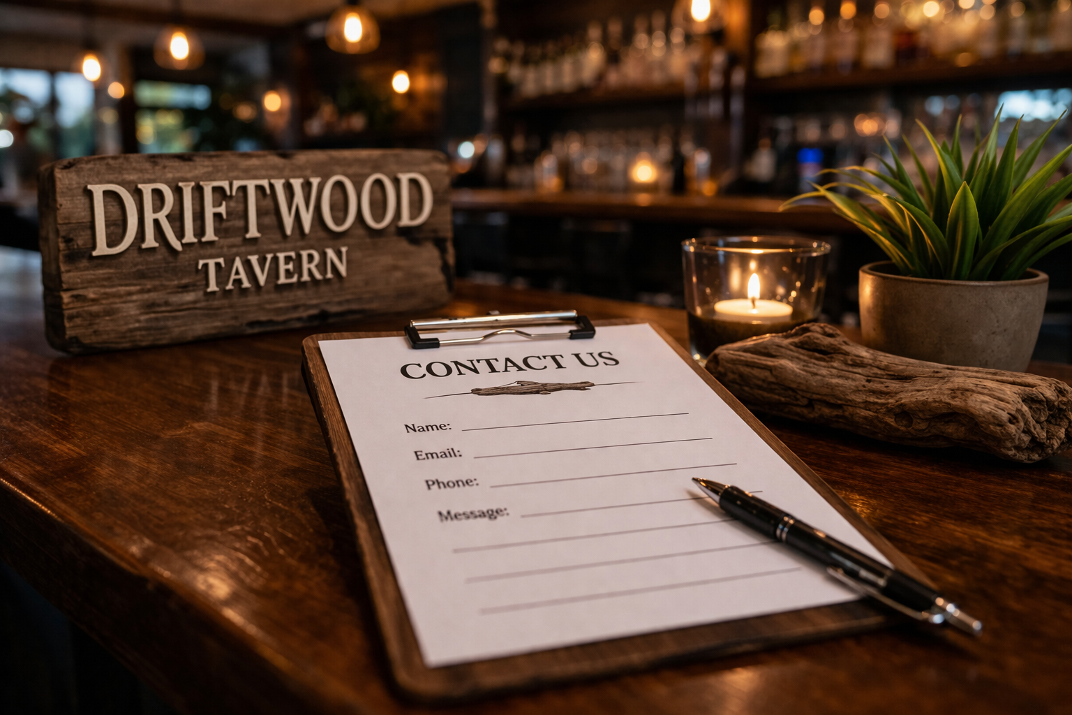 Bar seating and welcoming interior at Driftwood Tavern ready for guests