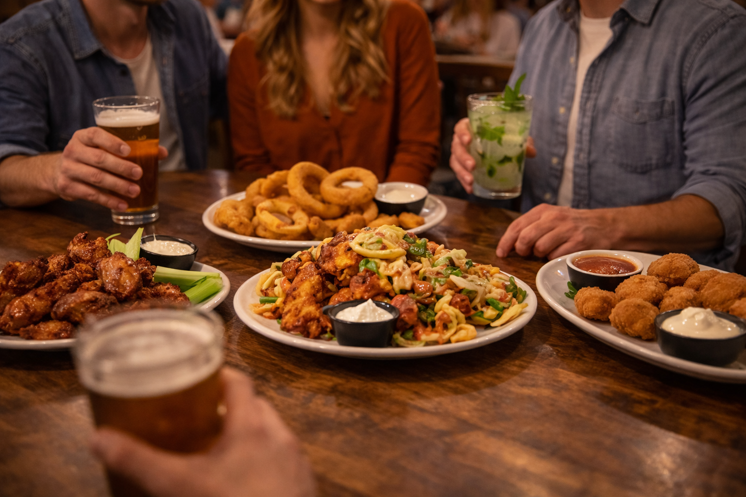 Appetizers, shared plates, and tavern food served at a table at Driftwood Tavern