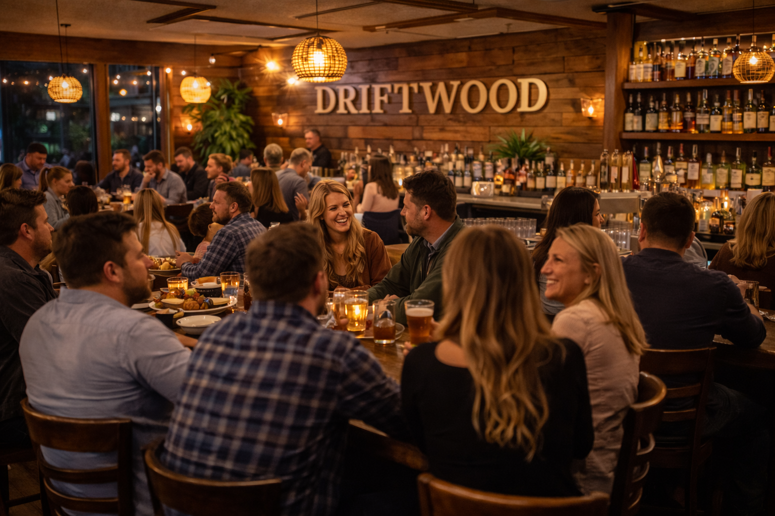 Bar area at Driftwood Tavern with illuminated taps during evening service