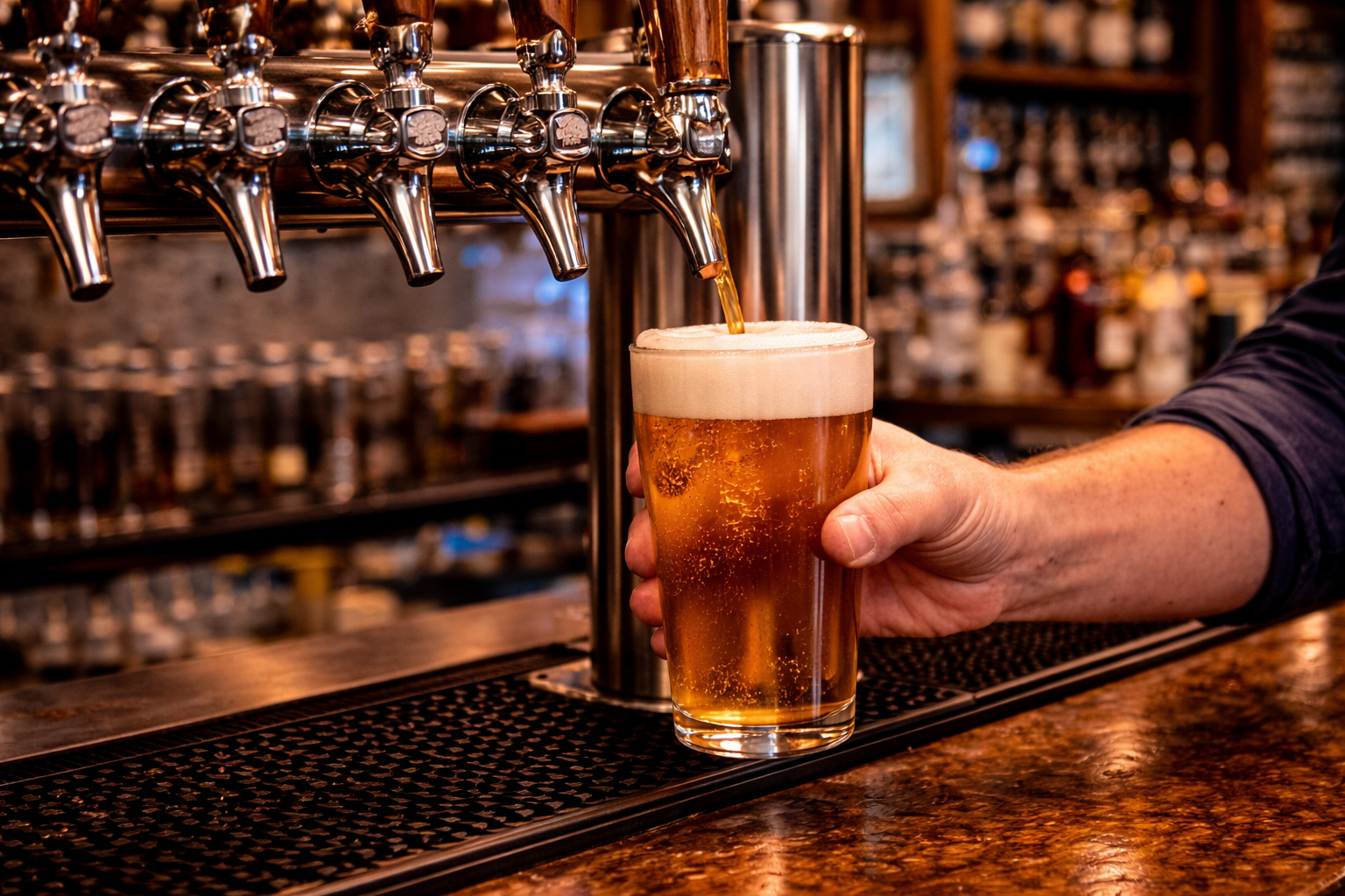 Beer taps at Driftwood Tavern pouring a draft beer at the bar