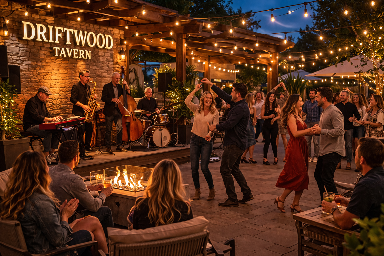 Guests enjoying drinks and conversation during a busy night at Driftwood Tavern