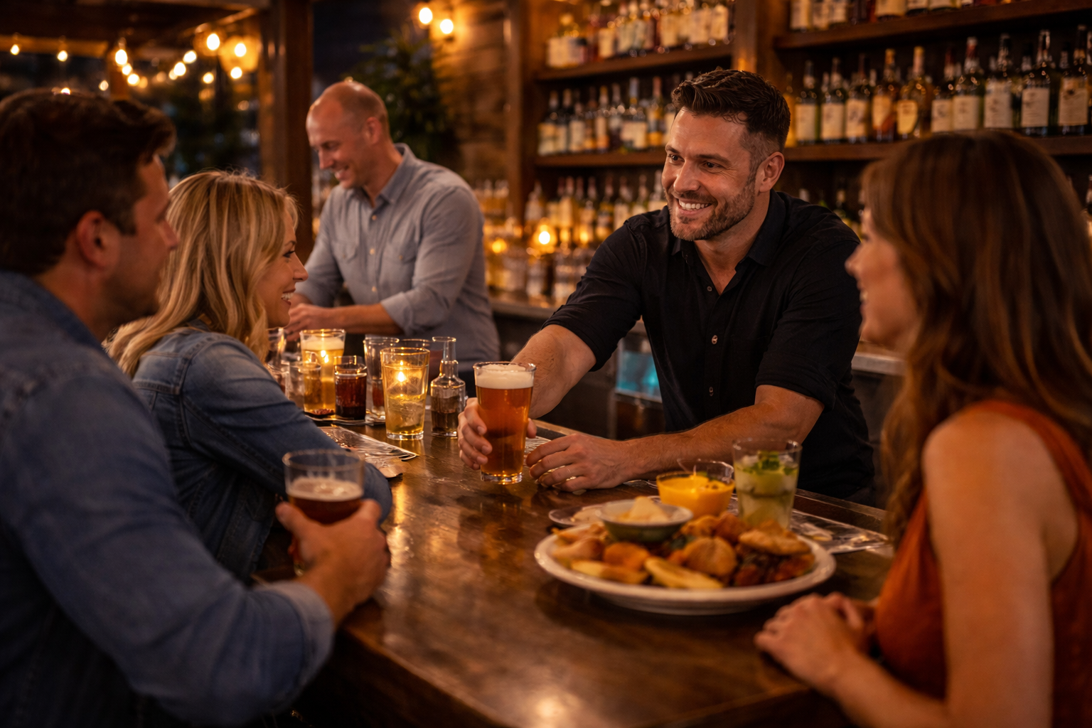 Bar seating and drinks at Driftwood Tavern in a welcoming setting