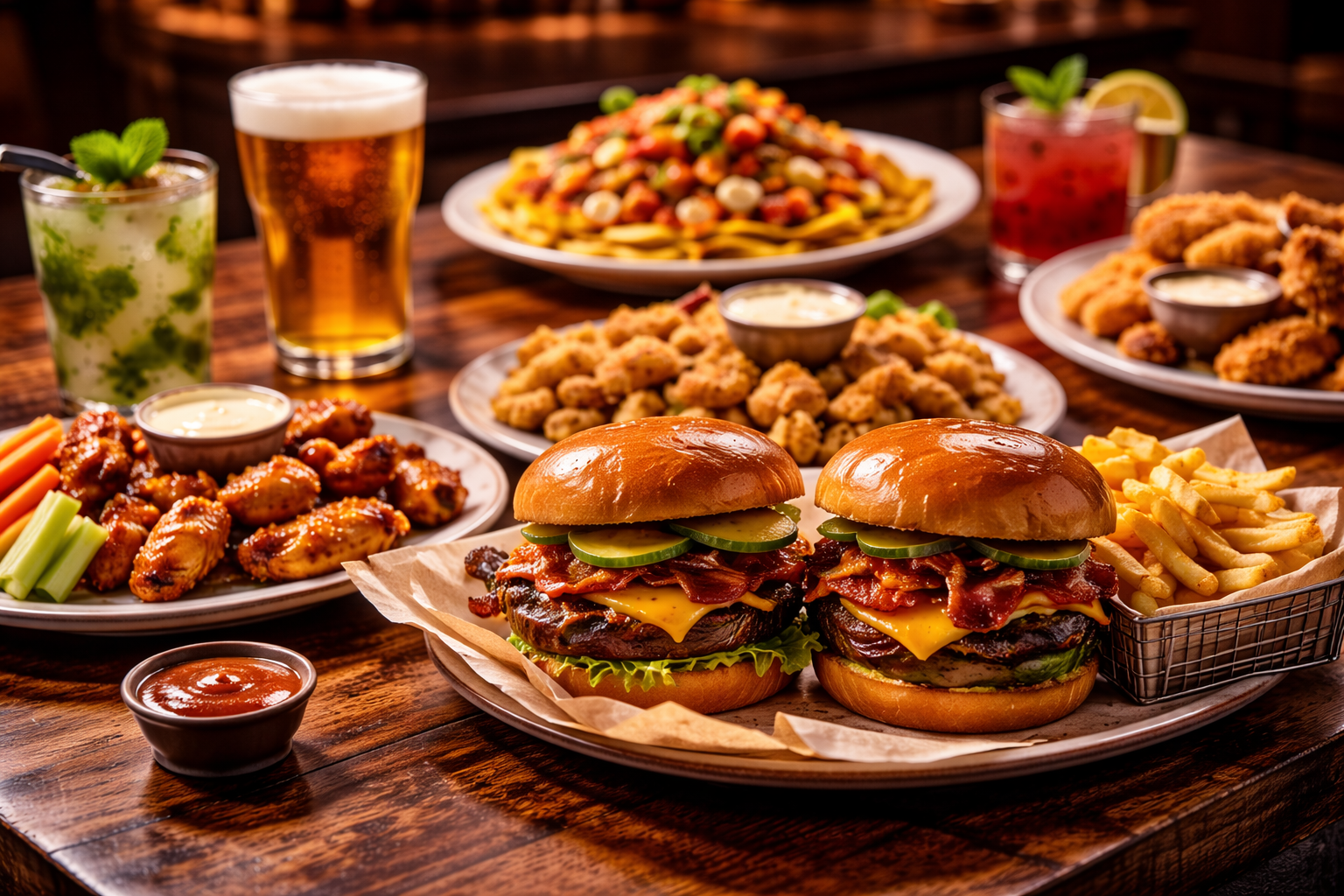 Tavern food at Driftwood Tavern including burgers, fries, appetizers, and shareable plates