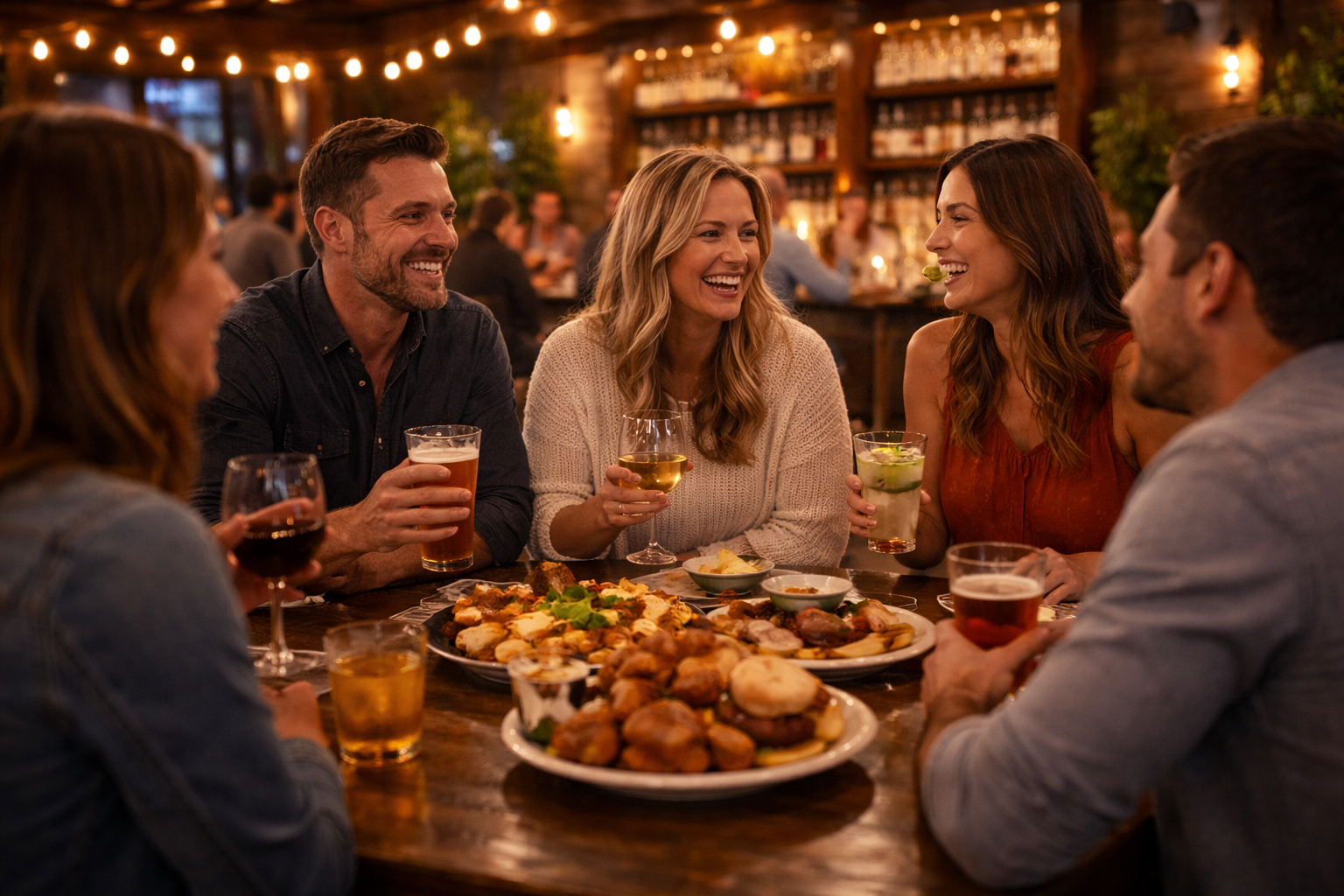 Guests enjoying food and drinks together at Driftwood Tavern