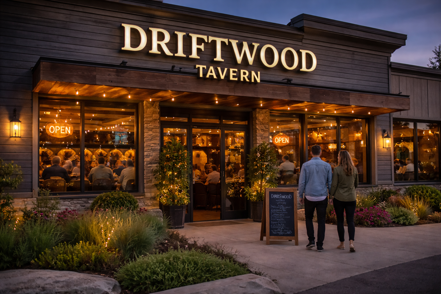 Exterior entrance of Driftwood Tavern showing signage and storefront