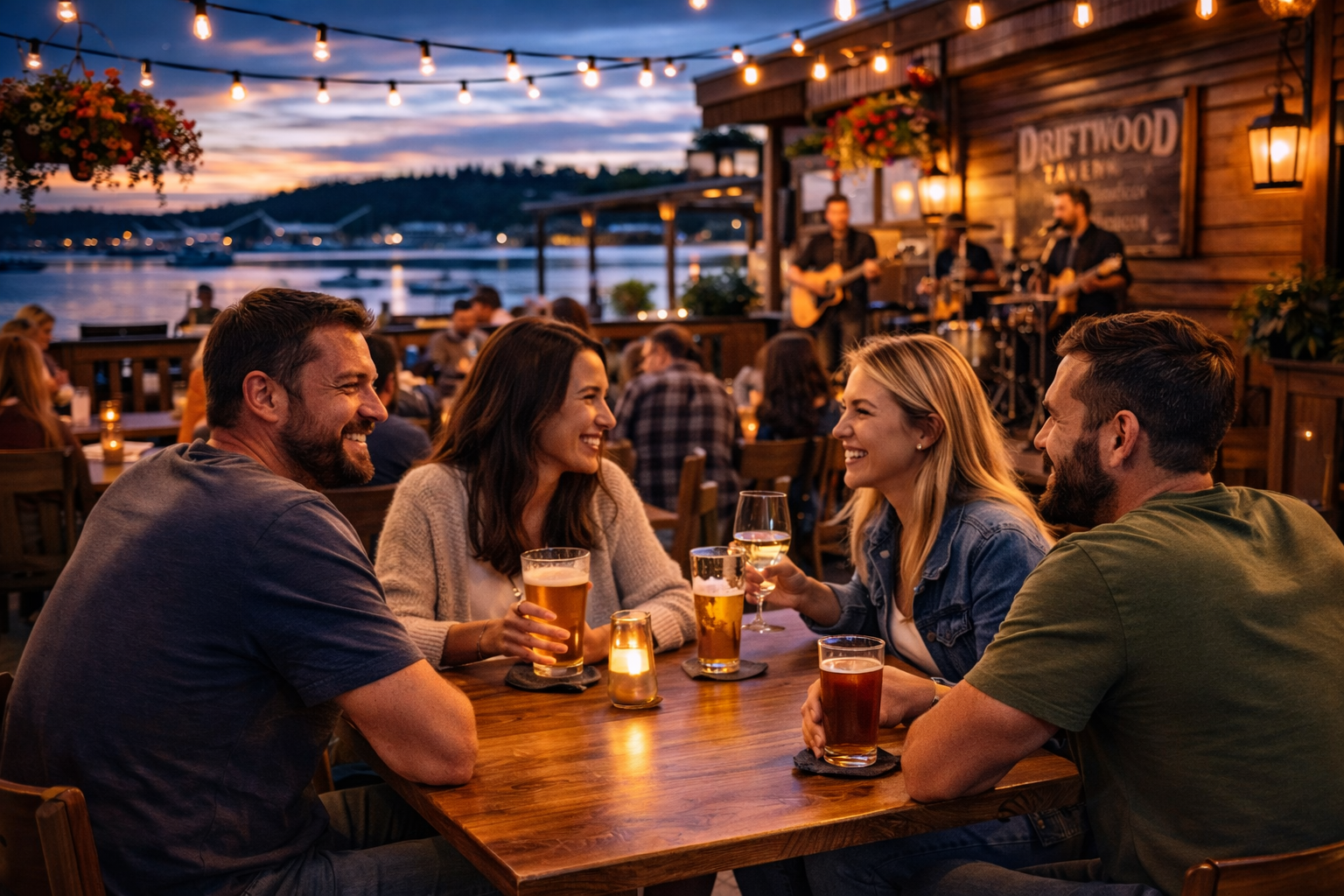 Friends sitting together on the Driftwood Tavern patio on a summer evening while a band plays in the background