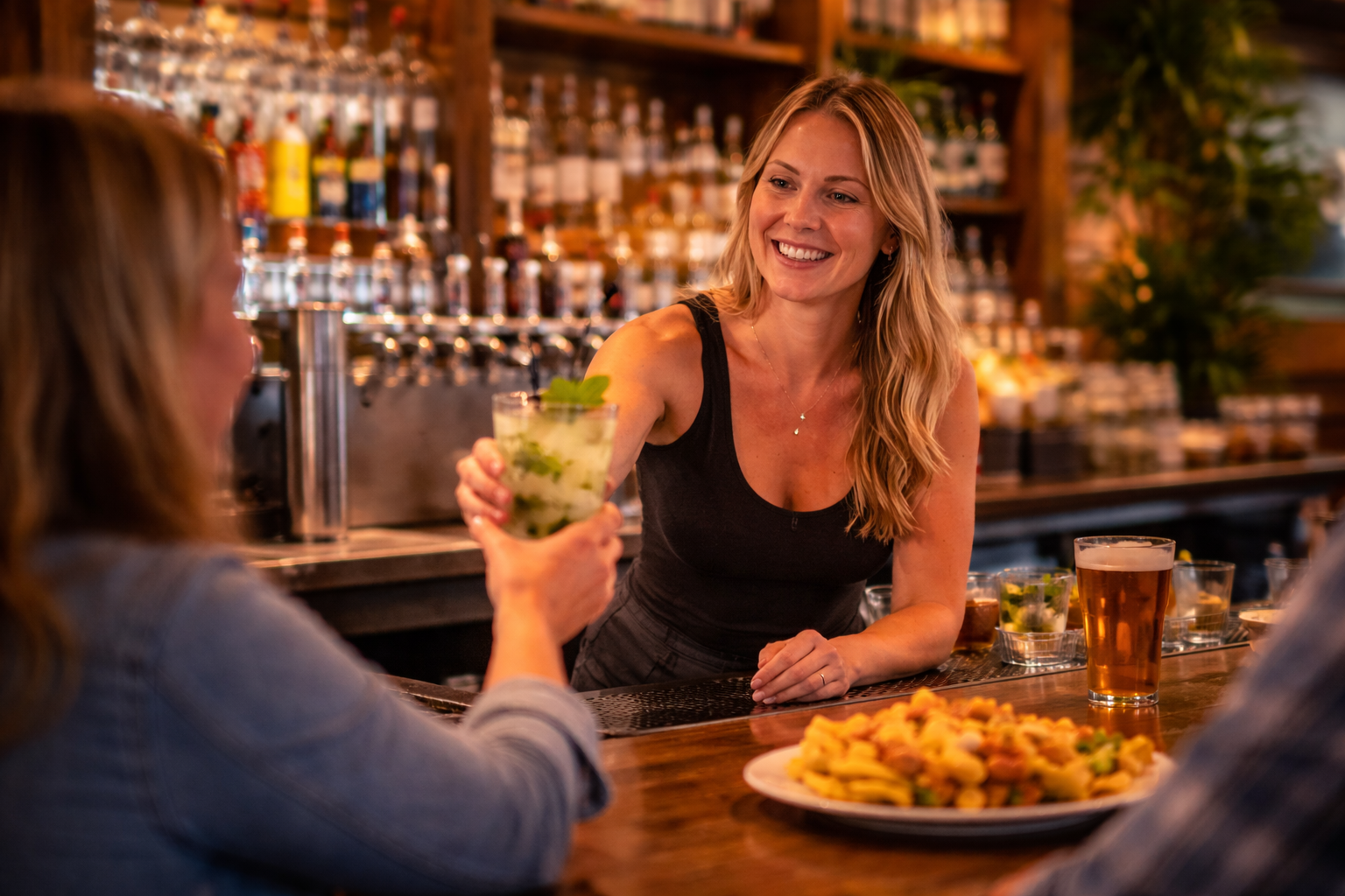 Bartender serving cocktails and beer to guests at Driftwood Tavern