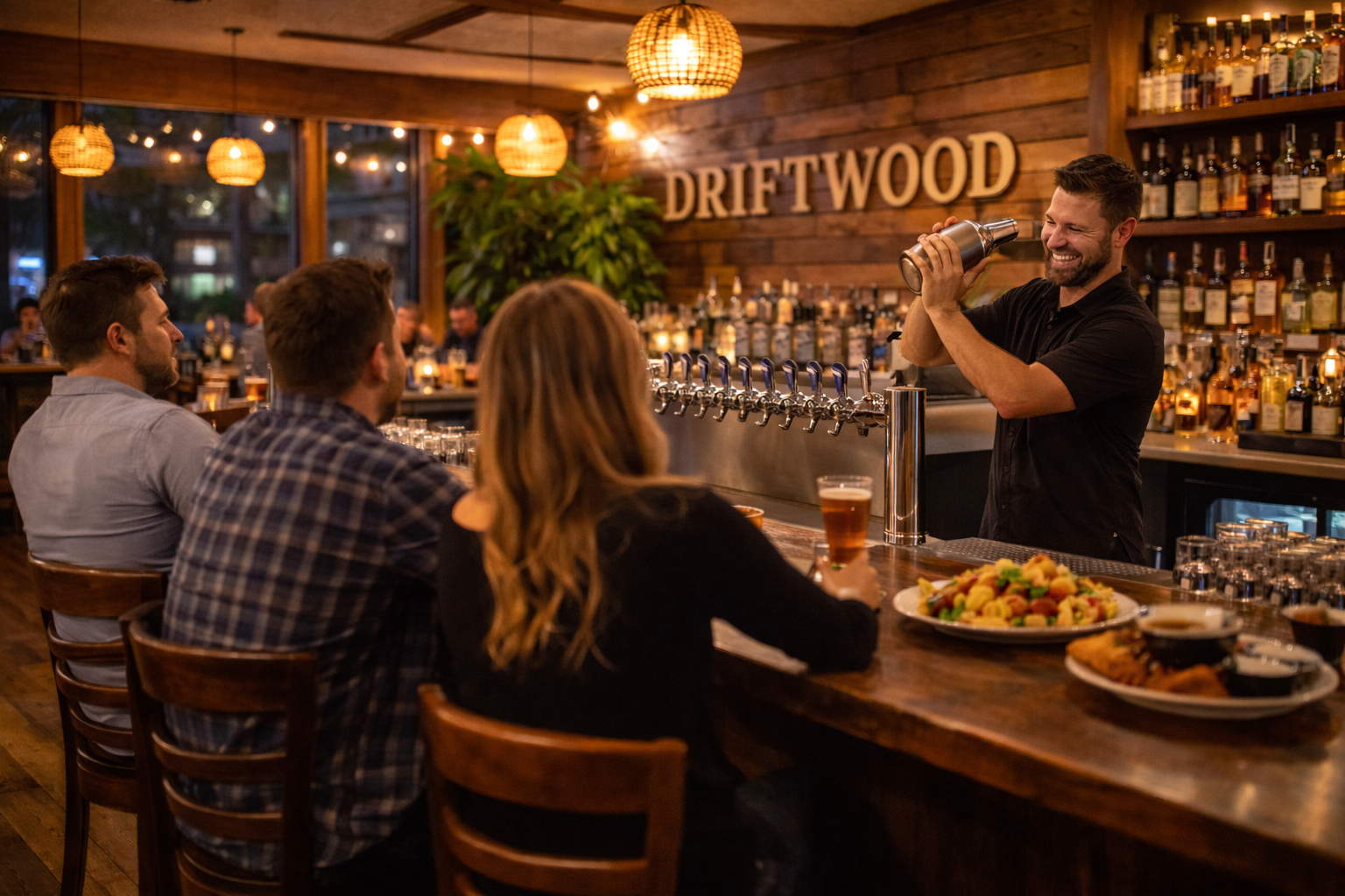 Interior bar view at Driftwood Tavern with seating and warm evening lighting