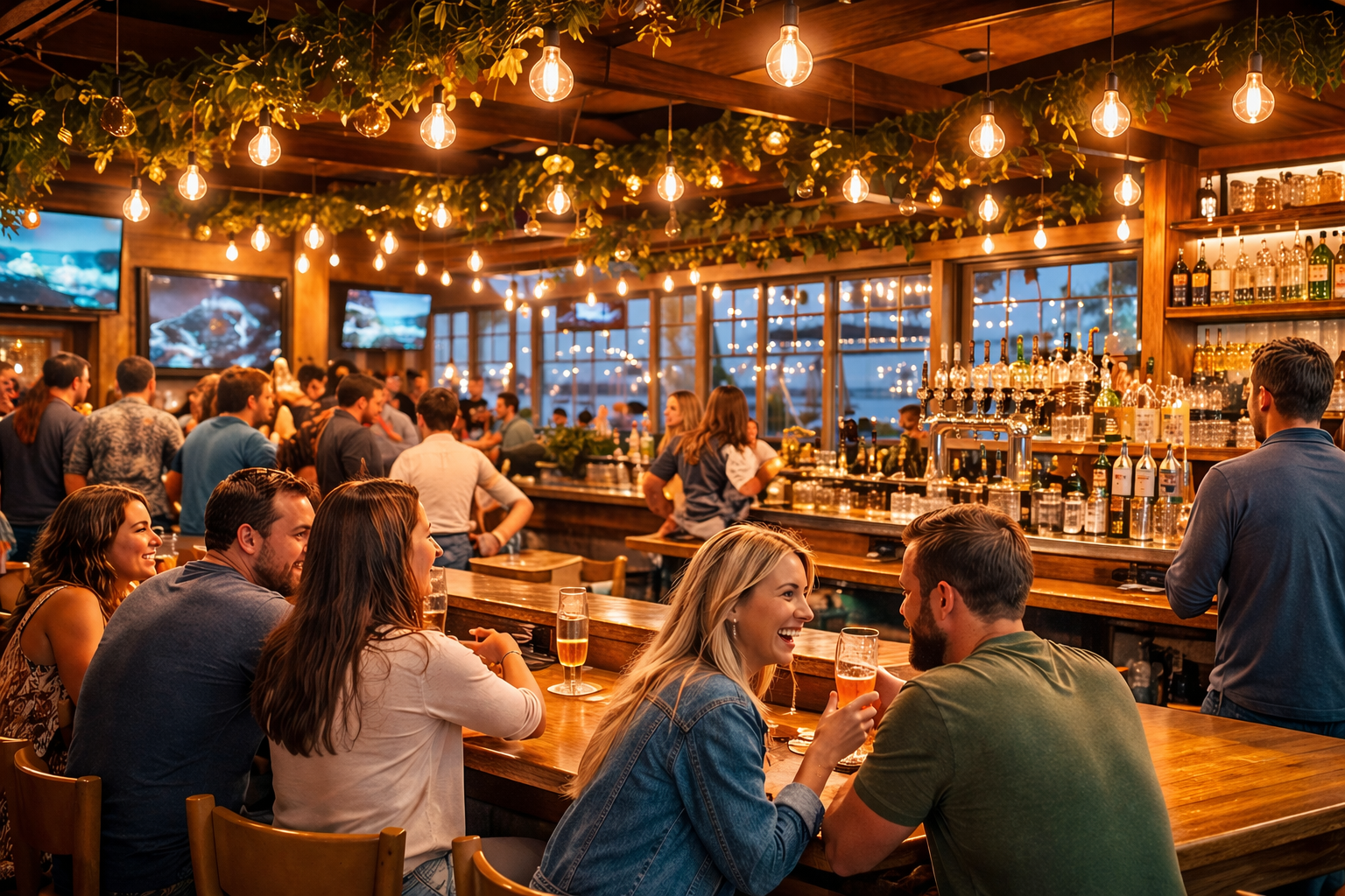 Guests enjoying drinks together inside Driftwood Tavern during a lively evening