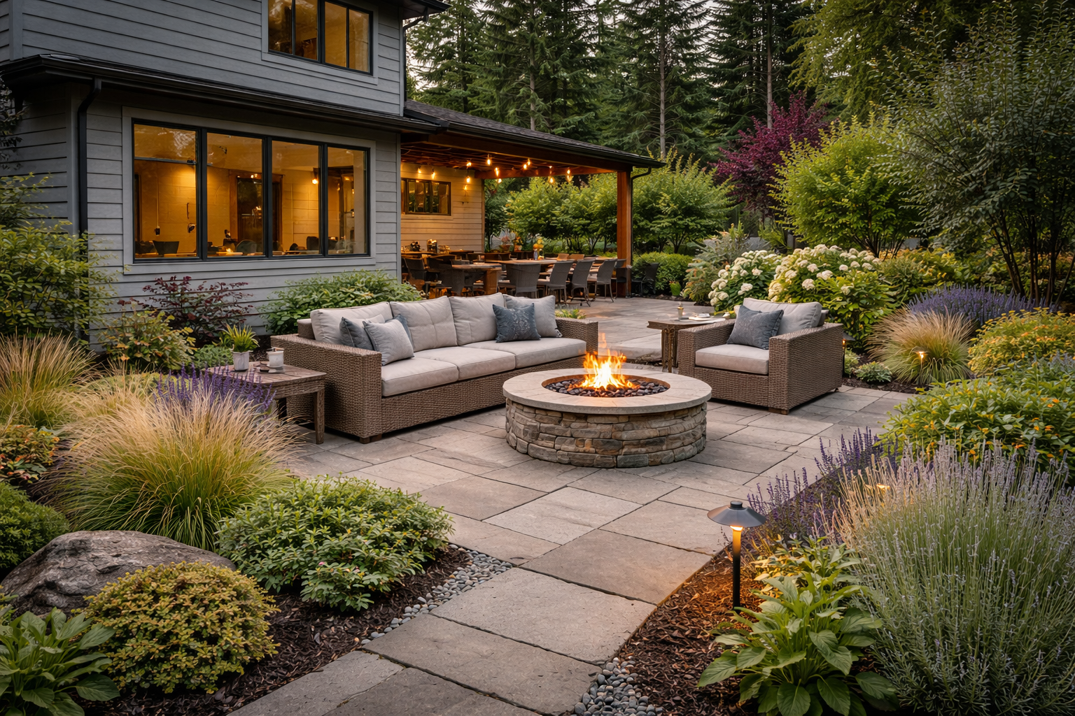 Modern backyard patio with landscaping