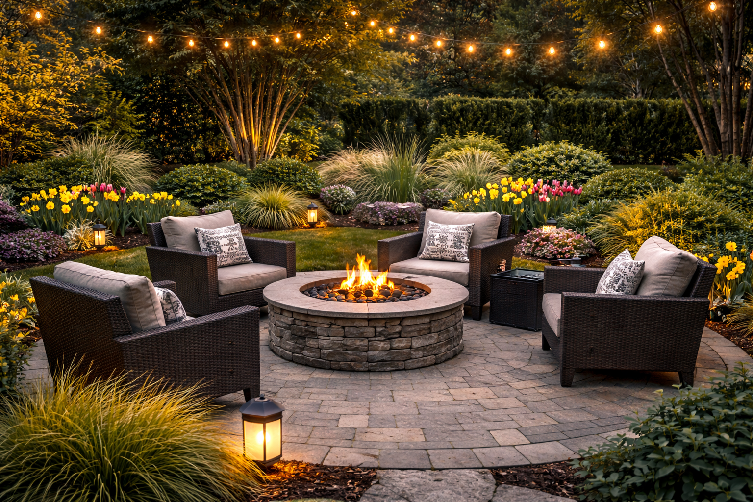 Cozy backyard gathering space with fire feature, outdoor chairs, and soft evening ambiance