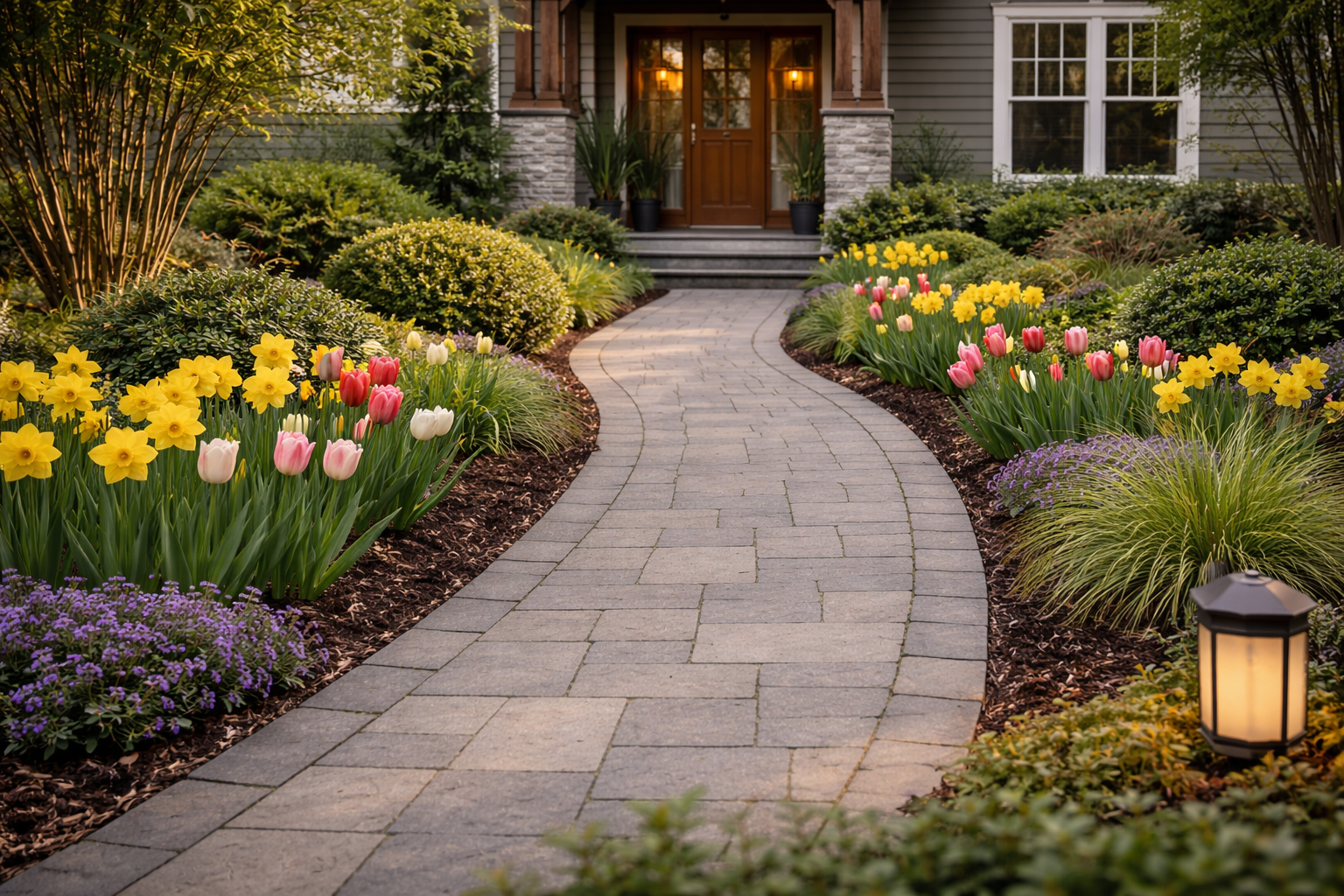 Front walkway lined with structured Pacific Northwest planting and fresh mulch beds