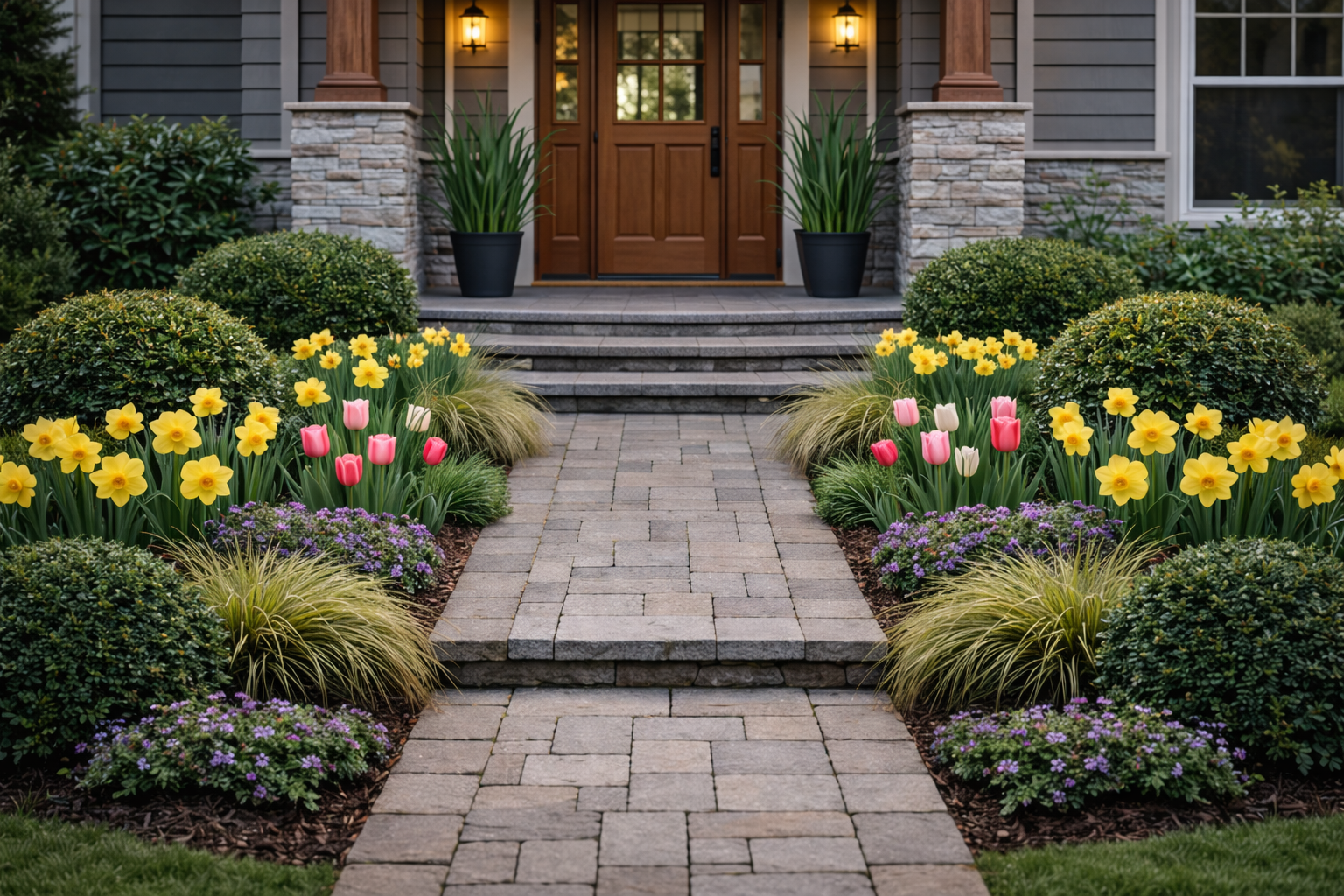 Structured front entry planting with symmetrical evergreen shrubs, ornamental grasses, and centered walkway