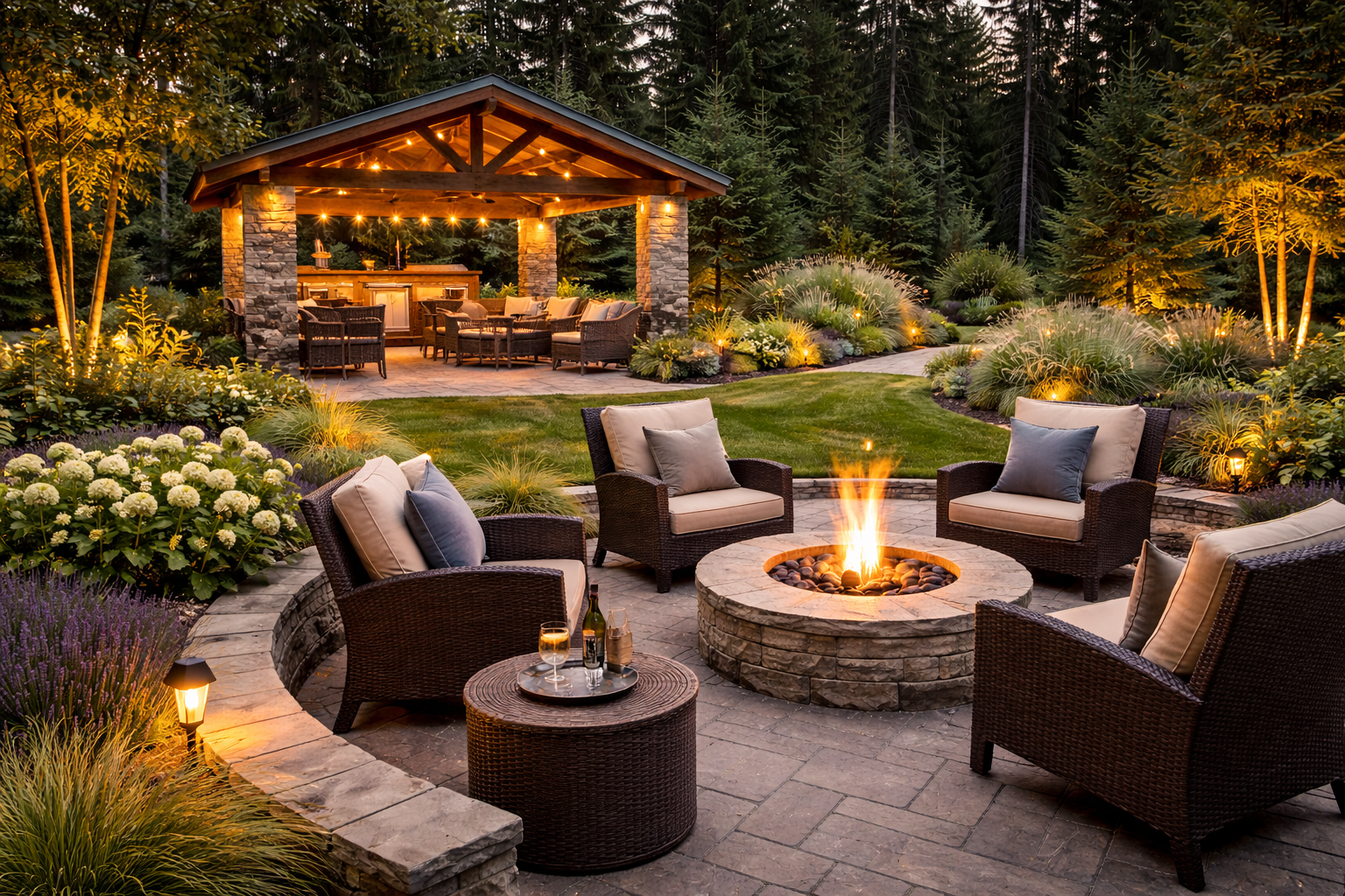 Elegant backyard outdoor living space with stone patio, layered Pacific Northwest planting, and premium gathering area