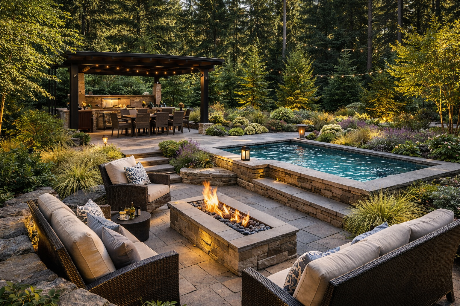 Pacific Northwest backyard retreat with outdoor kitchen, dining area, spa, modern patio seating, fire feature, and lush landscaped surroundings