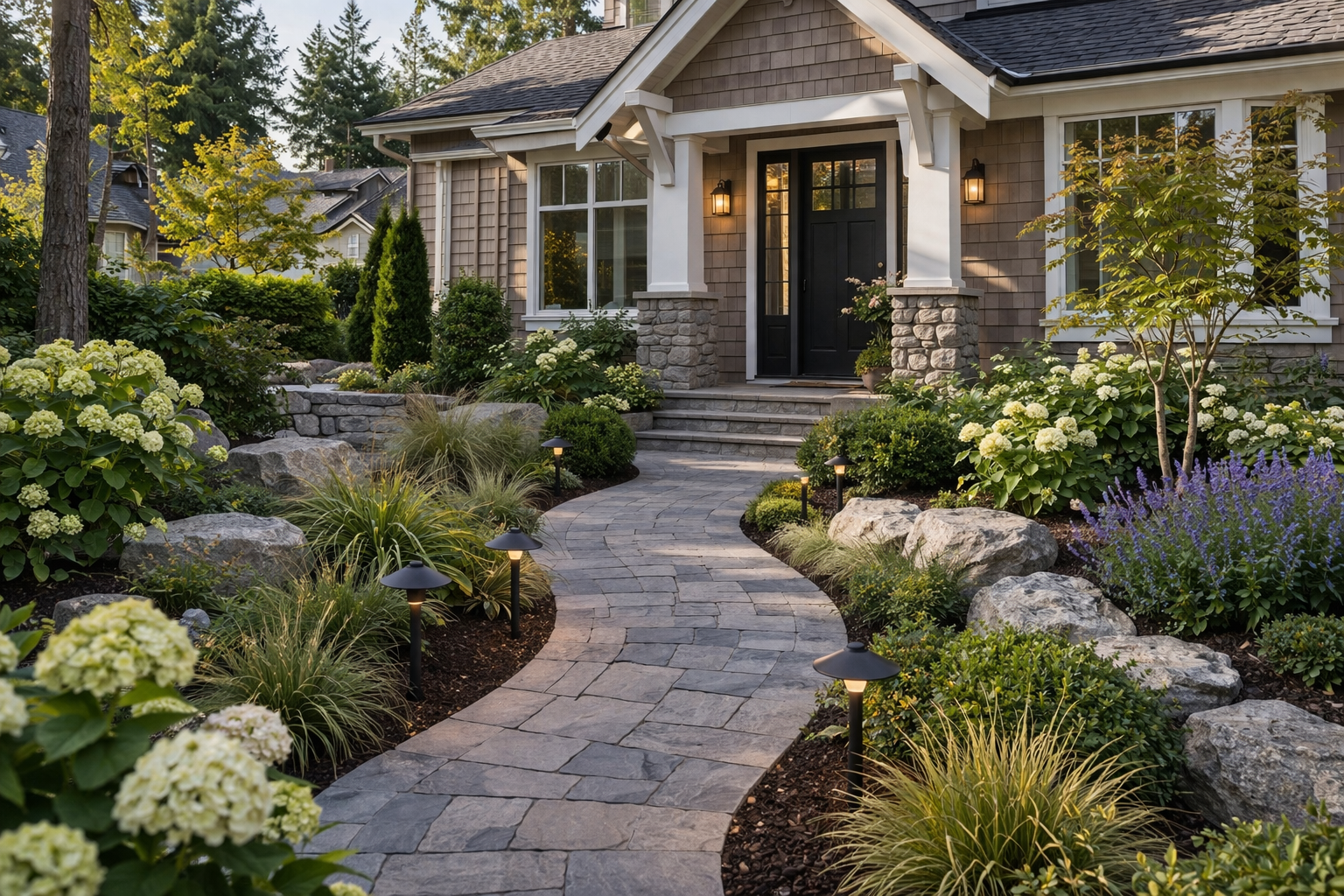 Pacific Northwest coastal home front entry with a refined stone walkway, layered planting beds, hydrangeas, ornamental grasses, and subtle landscape lighting