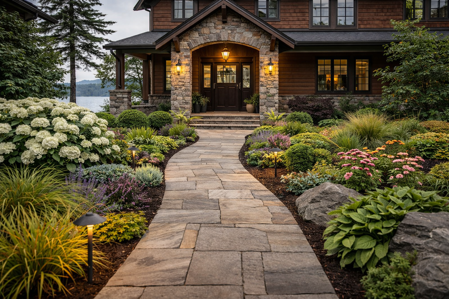 Stone walkway and landscaped front entry