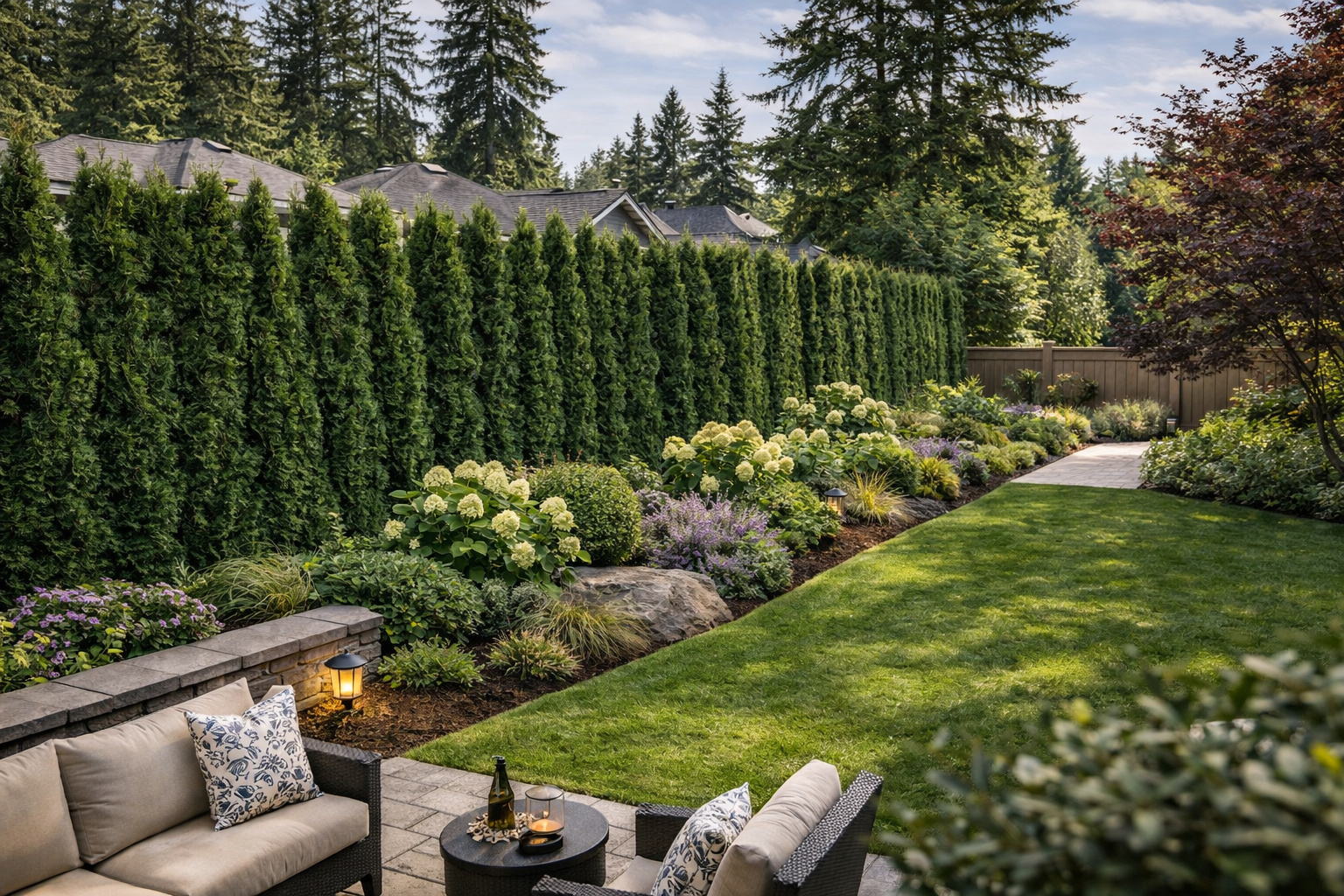Residential property border with crisp lawn edging, layered shrubs, ornamental grasses, tulips, daffodils, and a tall privacy hedge in a Pacific Northwest setting
