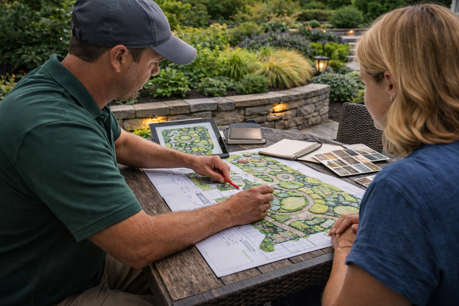 Landscape consultation with homeowners reviewing project ideas, materials, and planning documents