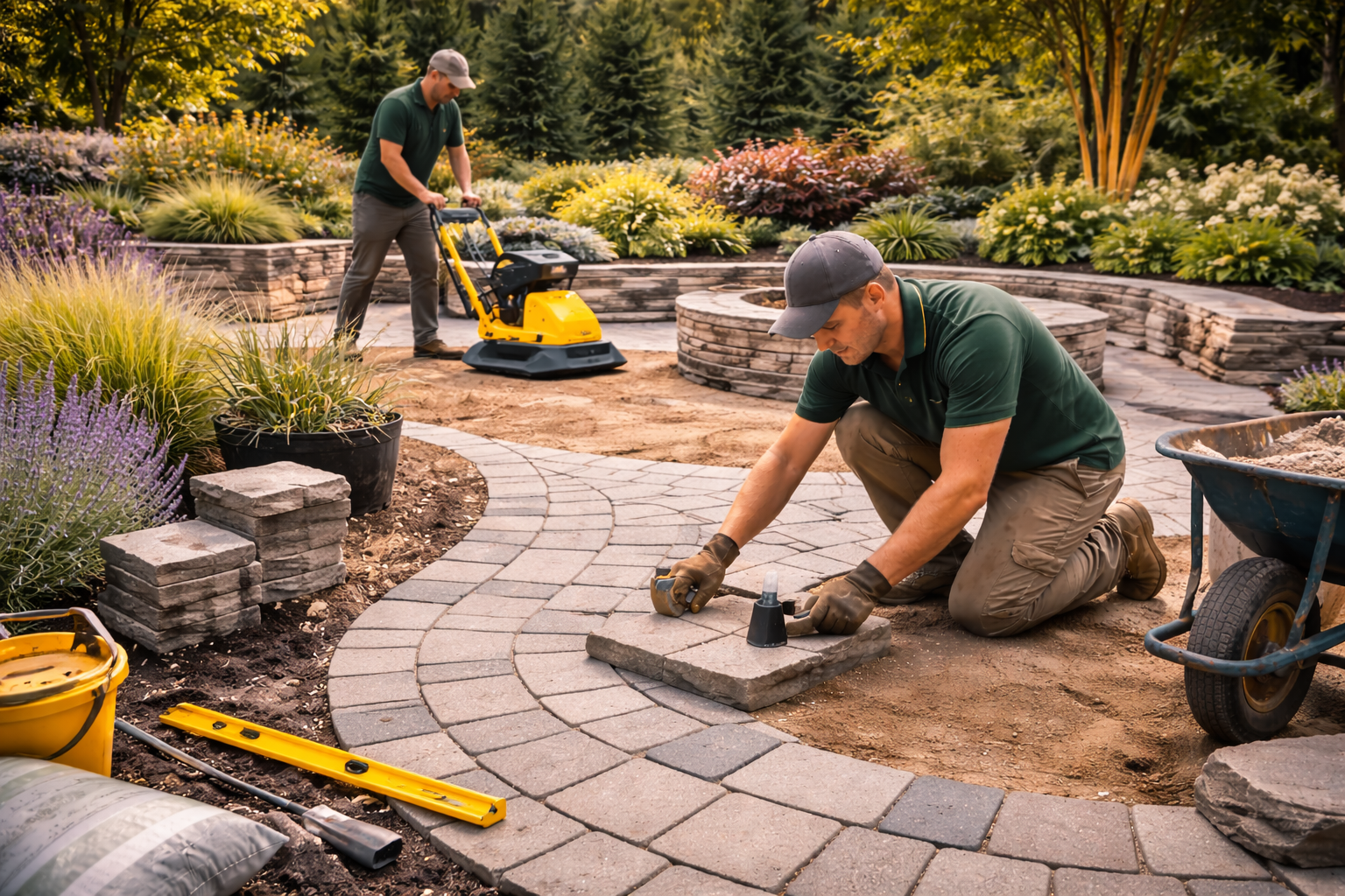 Landscaping crew installing premium pavers and hardscaping features for a residential patio