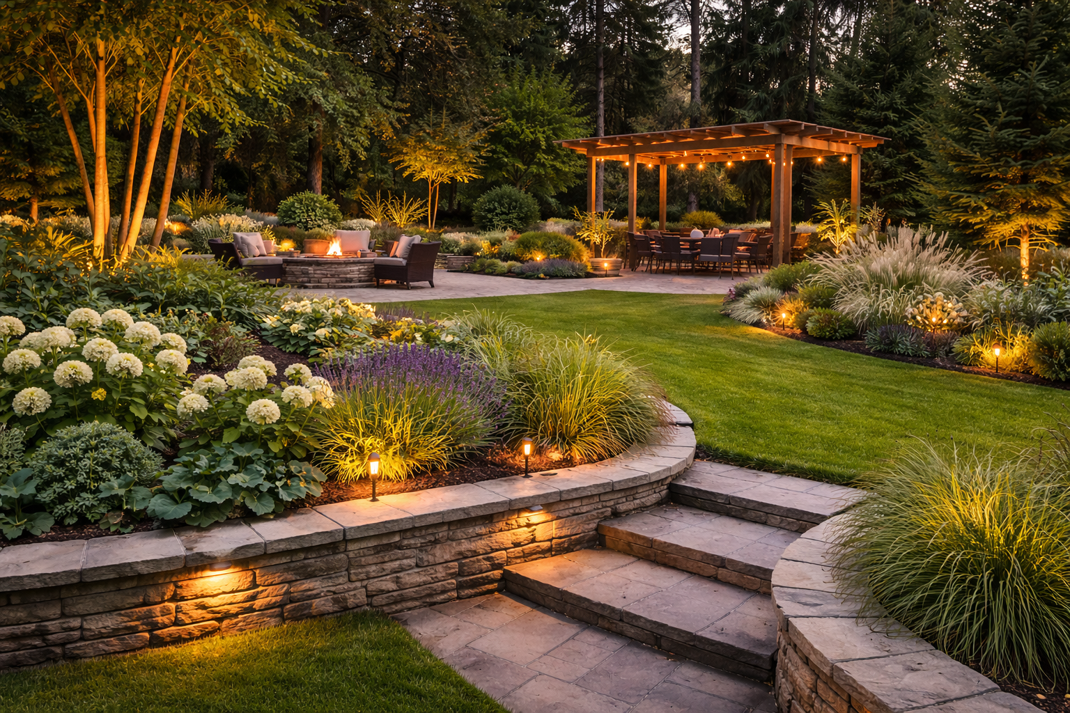 Pacific Northwest landscaping design with stone walkways, structured planting beds, and a polished outdoor living space