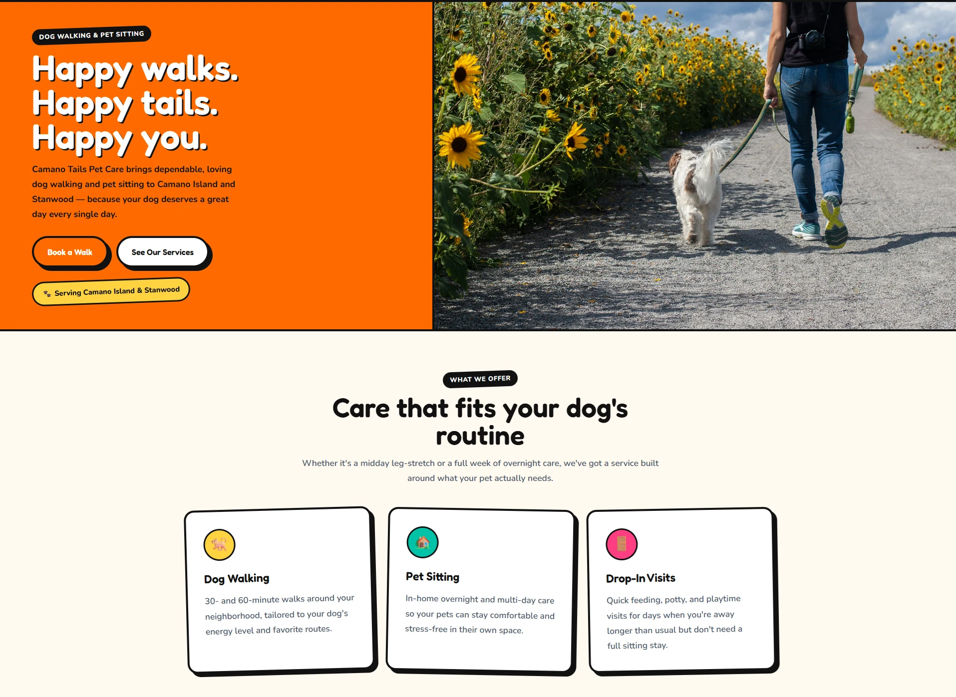 Screenshot of the Camano Tails Pet Care homepage