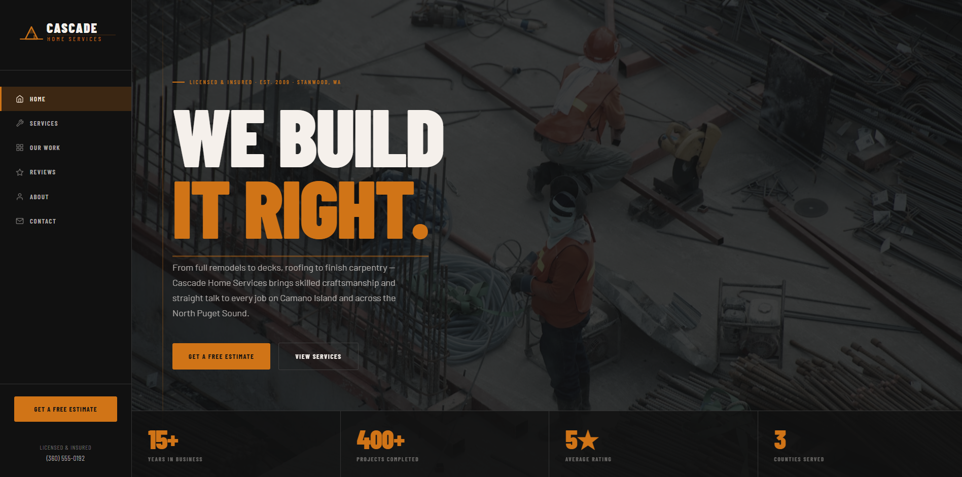 Screenshot of the Cascade Home Services homepage