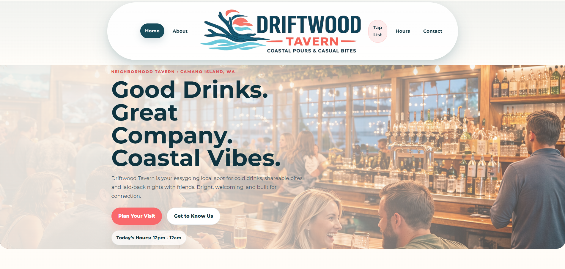 Screenshot of the Driftwood Tavern homepage